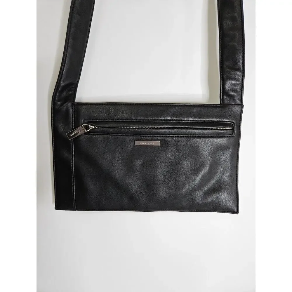 Nine West Black Leather Flat Wallet Shoulder Bag Quiet Luxury Minimalist